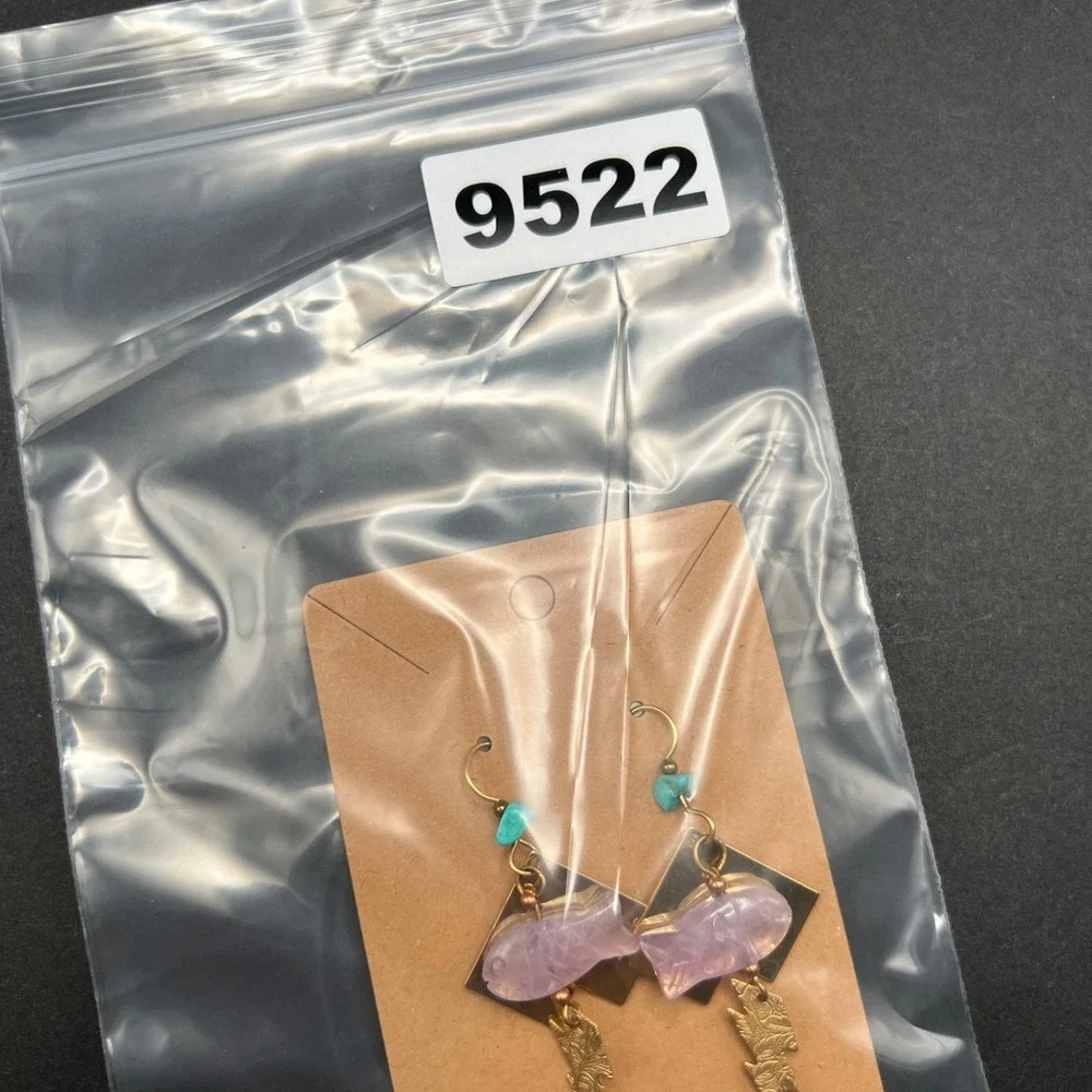 Artisan Fish Earrings Gold Tone‎ Rose Quartz Textured Boho